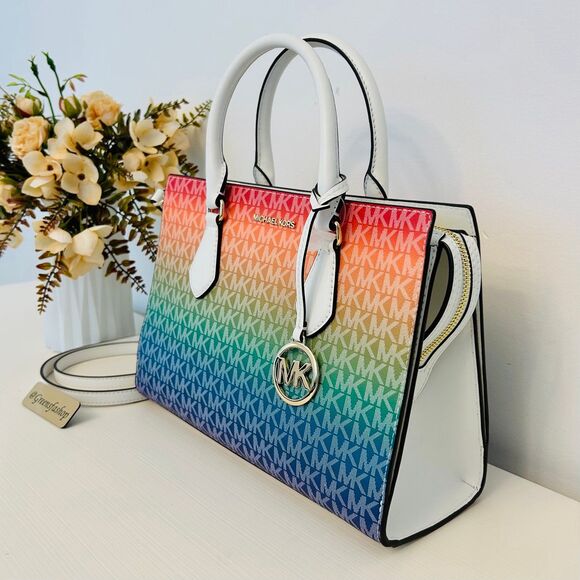 Michael Kors Purse Sheila Medium Ombré Signature Logo Satchel Rainbow - Picture 2 of 9
